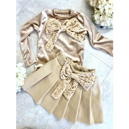 2 dielny dievčenský set s flitrovanou mašľou (Veľkosť 146/152, Farba Béžová)