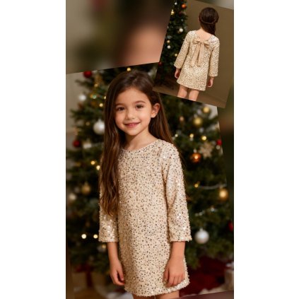 Zamatové flitrované šaty s mašľou vzadu (Veľkosť 152/158, Farba Béžová)