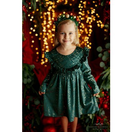 Dievčenské vianočné šaty so zlatými trblietkami (Veľkosť 134, Farba Zelená)