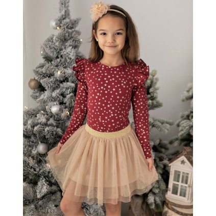 Dievčenské bavlnené vianočné tričko s volánikmi (Veľkosť 146, Farba Bordová)