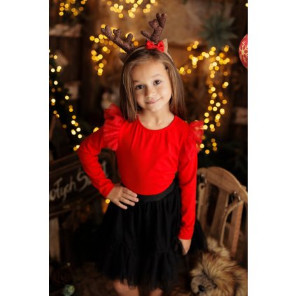 Dievčenské bavlnené vianočné tričko s volánikmi (Veľkosť 146, Farba Červená)