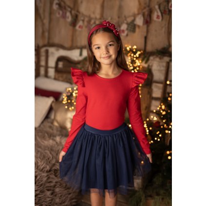 Dievčenské bavlnené vianočné tričko s volánikmi (Veľkosť 116, Farba Červená)