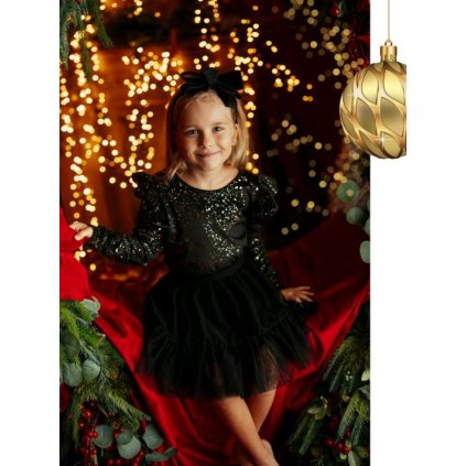 Dievčenské vianočné tričko so zlatými trblietkami a volánikmi (Veľkosť 128, Farba Čierna)