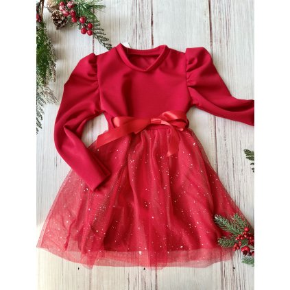 Dievčenské vianočné šaty s tylovou sukňou (Veľkosť 128/134, Farba Červená)