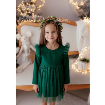 Dievčenské vianočné šaty s tylovou sukňou (Veľkosť 128, Farba Zelená)