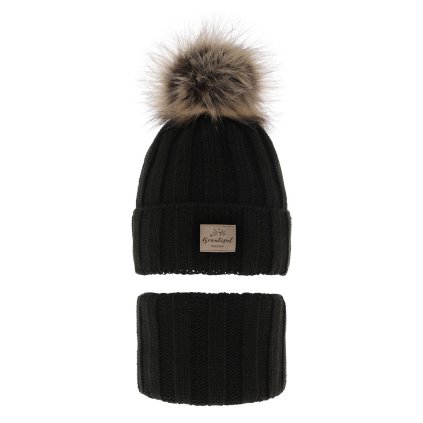 Dievčenská pletená zimná čiapka s nákrčníkom (Veľkosť UNI, Farba Čierna)