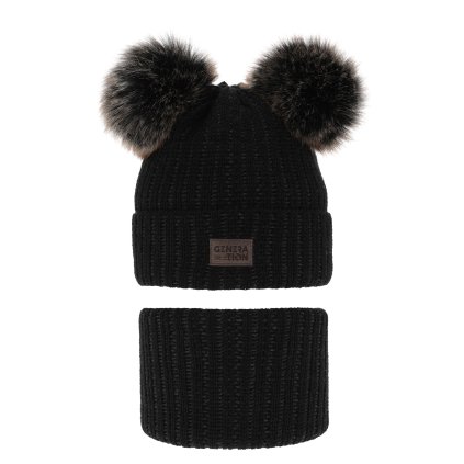 Chlapčenská zimná čiapka s 2 brmbolcami a nákrčníkom (Veľkosť 4-10 rokov, Farba Čierna)