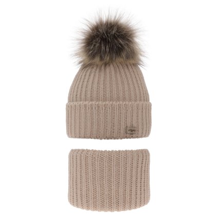 Zimná čiapka s huňatým brmbolcom a nákrčníkom (Veľkosť UNI, Farba Béžová)