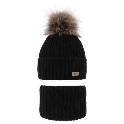 Zimná čiapka s huňatým brmbolcom a nákrčníkom (Veľkosť UNI, Farba Čierna)