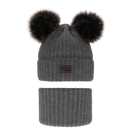 Chlapčenská zimná čiapka s 2 brmbolcami a nákrčníkom (Veľkosť 4-10 rokov, Farba Sivá)