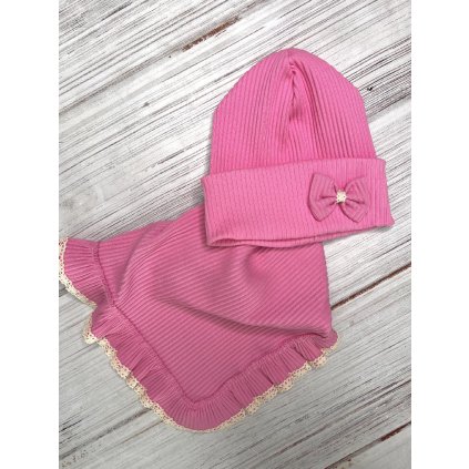 Bavlnená dievčenská čiapka s nákrčníkom - Ružová (Veľkosť UNI)