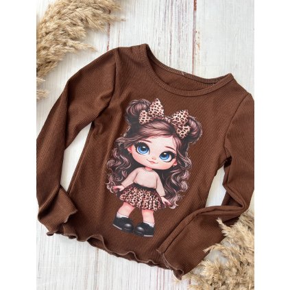 Dievčenské tričko s bábikou - Hnedá (Veľkosť 152/158)