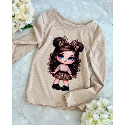 Dievčenské tričko s bábikou - Béžová (Veľkosť 152/158)
