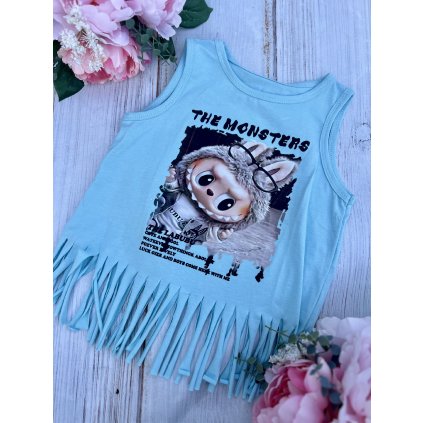 Diievčenské strapcové tričko bez rukávov LABUBU - Tyrkysová (Veľkosť 152/158)