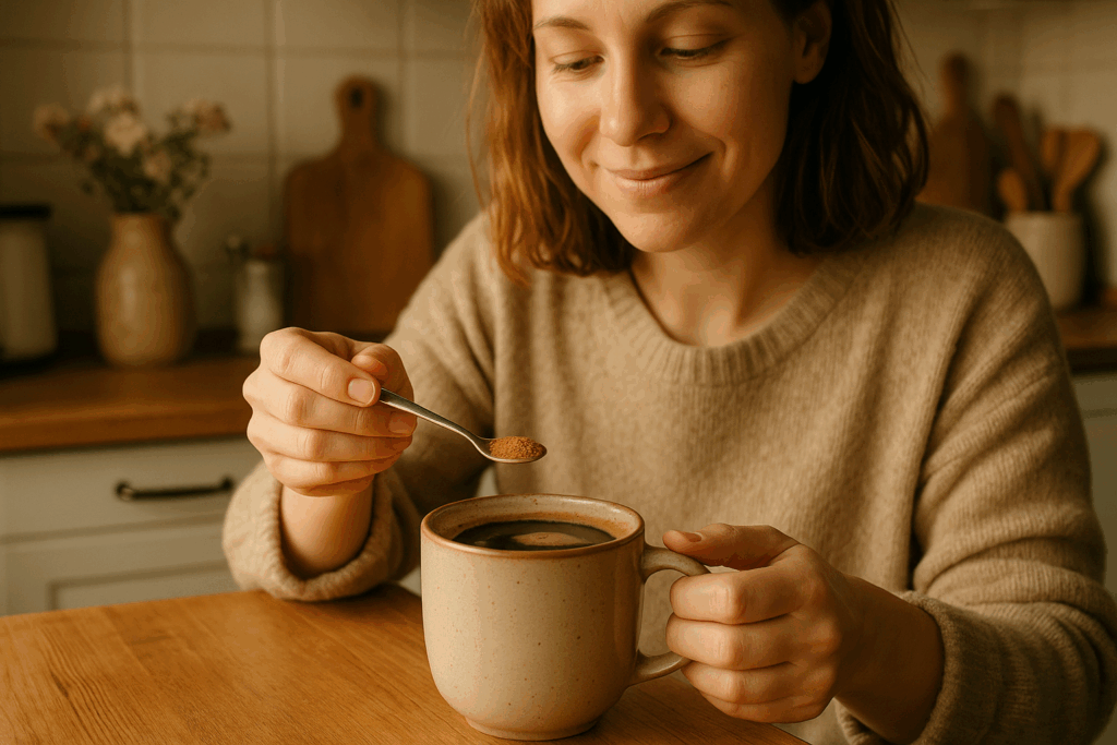 Žena dáva škoricu na lyžičke do kávy a vzniká káva so škoricou