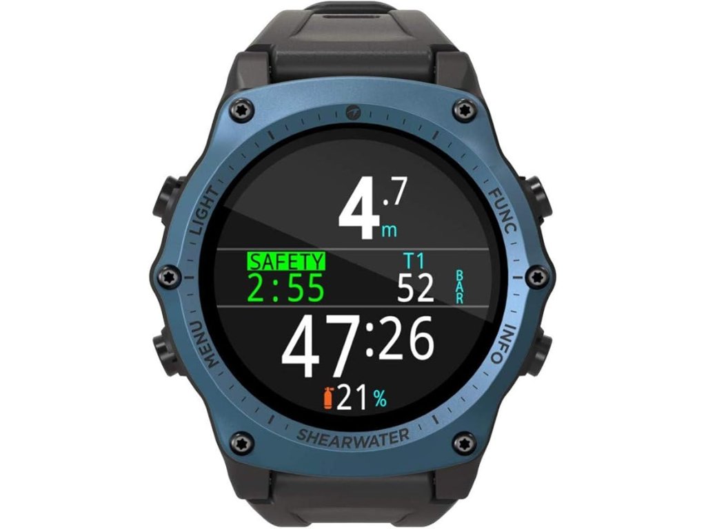 Konfigurácia pre rekreačné potápanie s modrou lunetou, vizualizáciou bezpečnostnej zastávky a integrovaným tlakom v baroch.