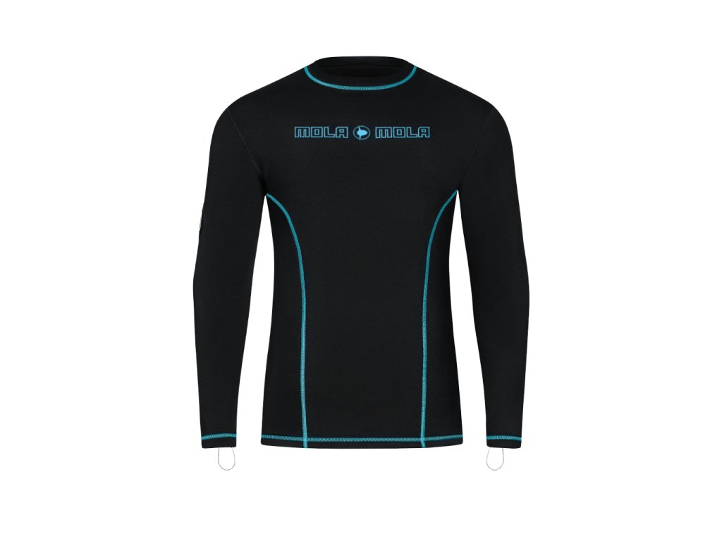 Horný diel s predĺženým strihom a elastickými pútkami na palce pre fixáciu rukávov počas obliekania suchého obleku.