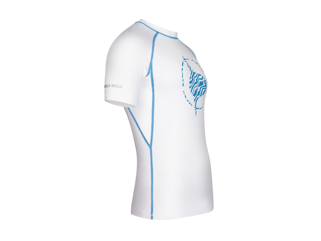 Čelný pohľad na konfiguráciu goliera a centrálnu potlač s vysokou odolnosťou voči abrázii a slanej vode.