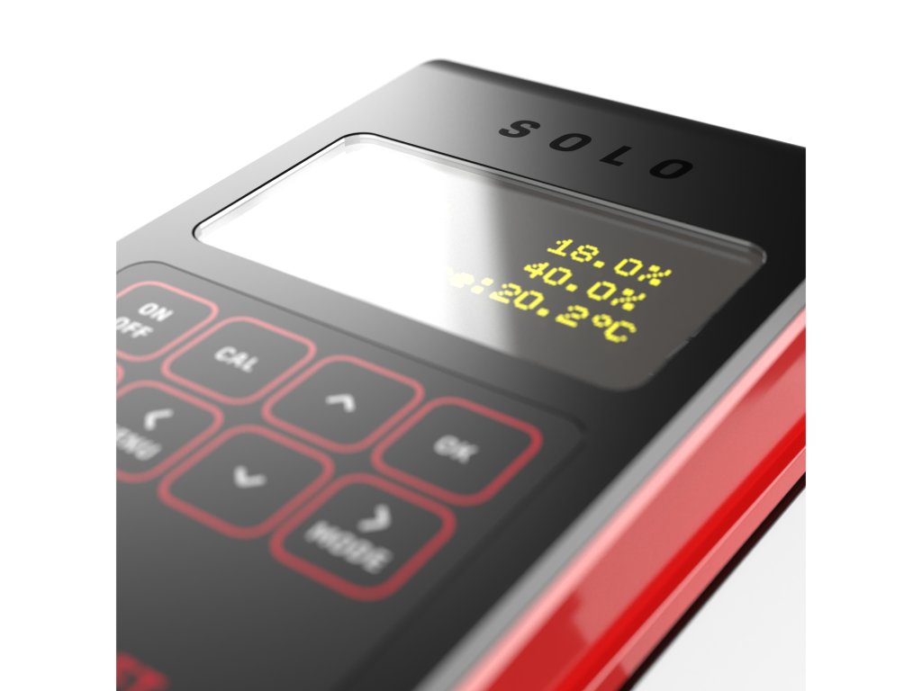 Čitateľnosť OLED displeja v makro detaile zobrazujúceho simultánne hodnoty O2, He a teplotu v reálnom čase.