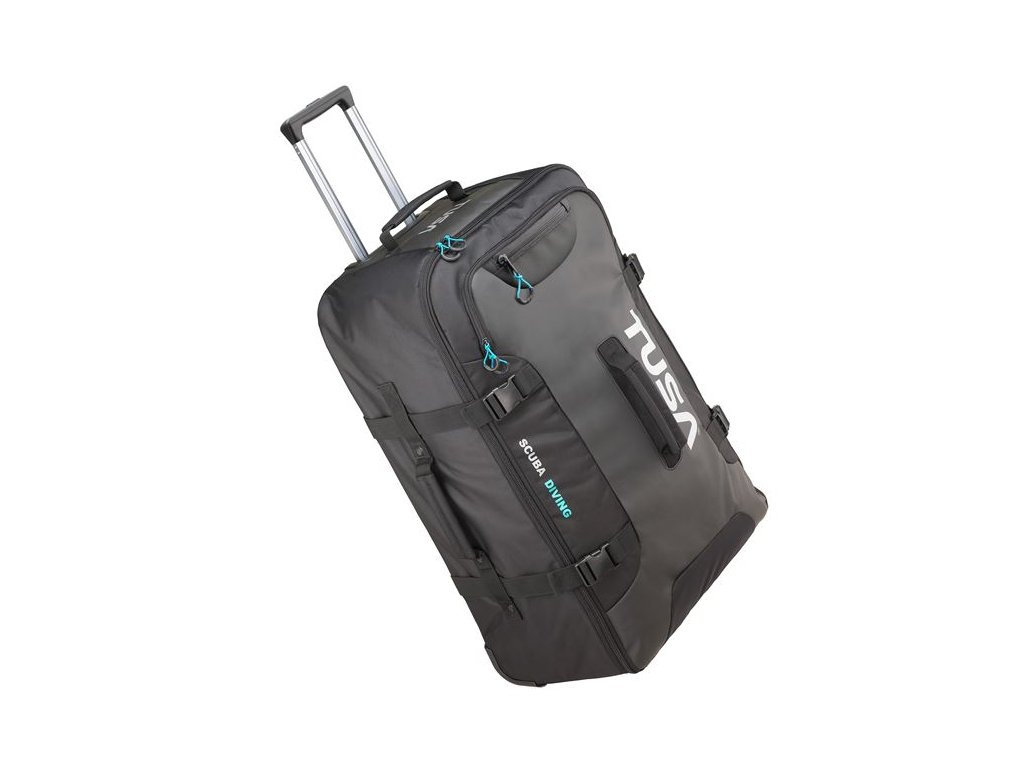 Celkový pohľad na transportnú konfiguráciu s vysunutou teleskopickou rukoväťou a bočnými stabilizačnými popruhmi s prackami typu Trident.