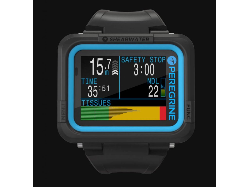 Grafické zobrazenie sýtenia tkanív (Tissues bar graph) v spodnej časti displeja pre monitorovanie dekompresného stavu v reálnom čase.