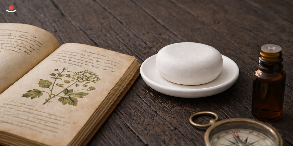 Aromakámen Maru zasazený do kompozice s knihou a kompasem