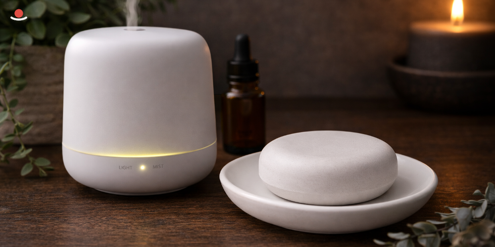 Aromakámen vedle elektrického difuzéru, v pozadí svíčka