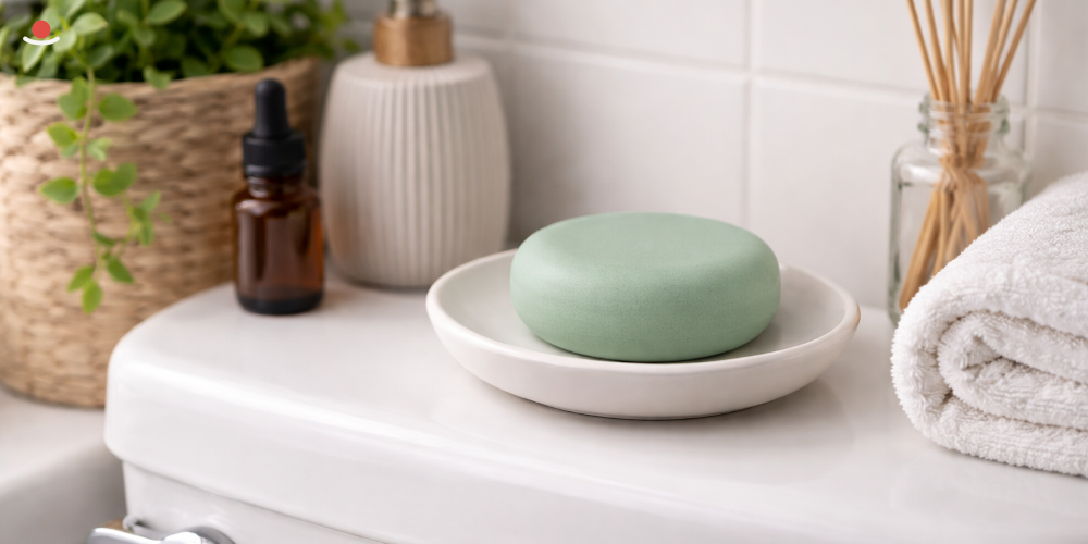 Zelený aromakámen na spotřebiči v koupelnovém prostředí