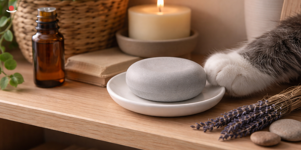 Kočičí tlapka dotýkající se aromakamene Maru