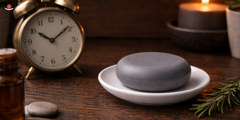 Aromakámen vedle budíku ukazující, jak dlouho voní aromakámen