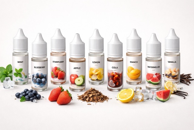 Různé typy e-liquidů s odlišnými příchutěmi