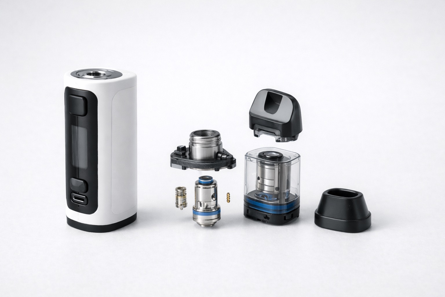 Rozebraný doplňovací POD systém s cartridgí a baterií