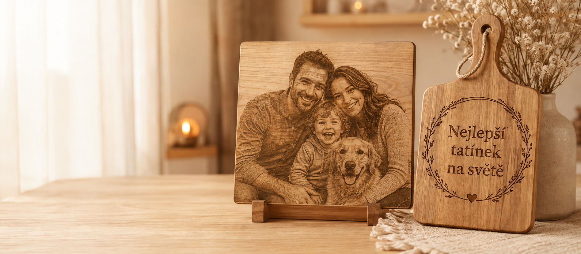 Personalizovaná fotografie gravírovaná do dřeva a prkénko s vlastním gravírováním