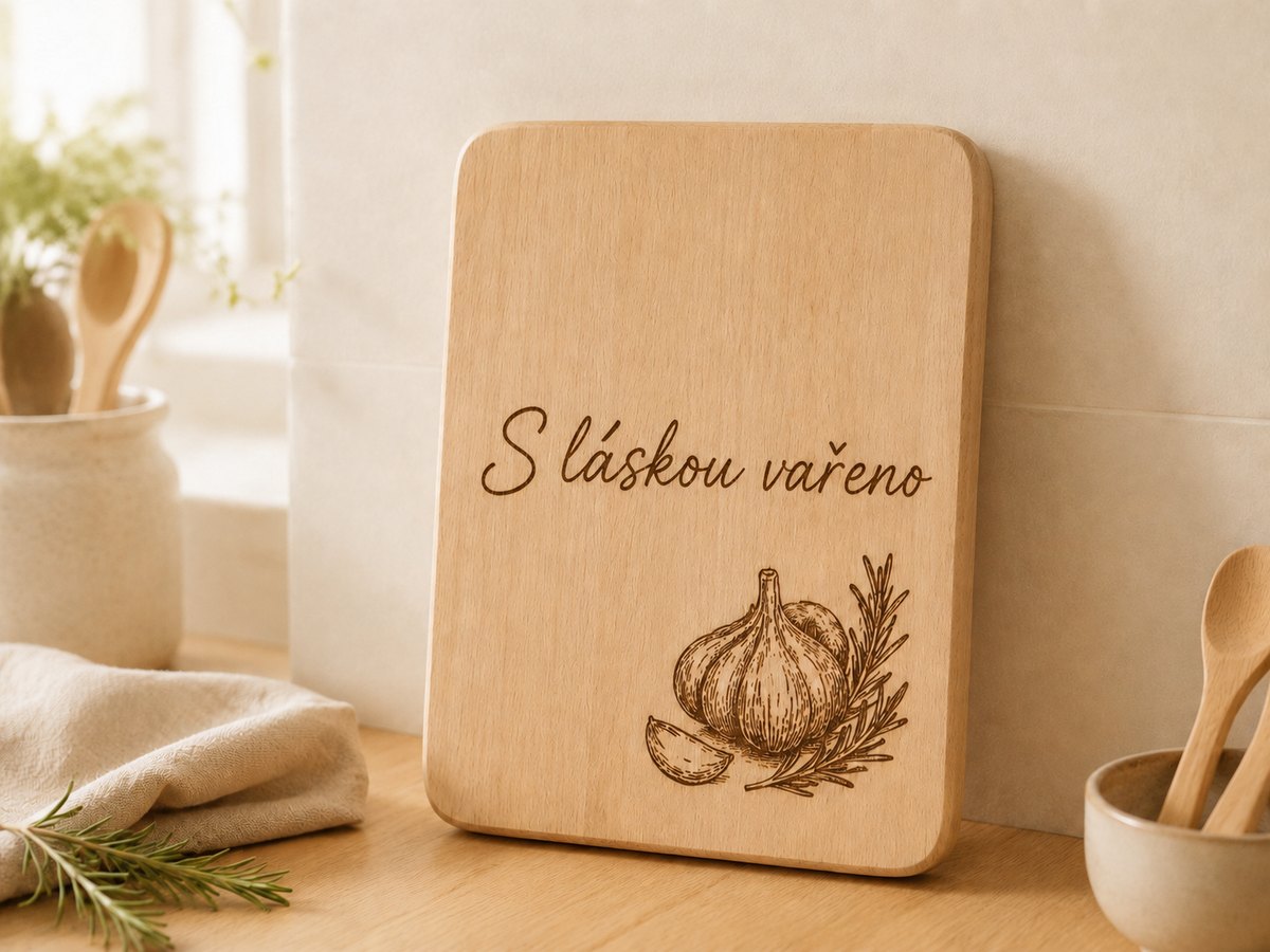 Dřevěné prkénko na krájení s gravírováním a servírovaným steakem