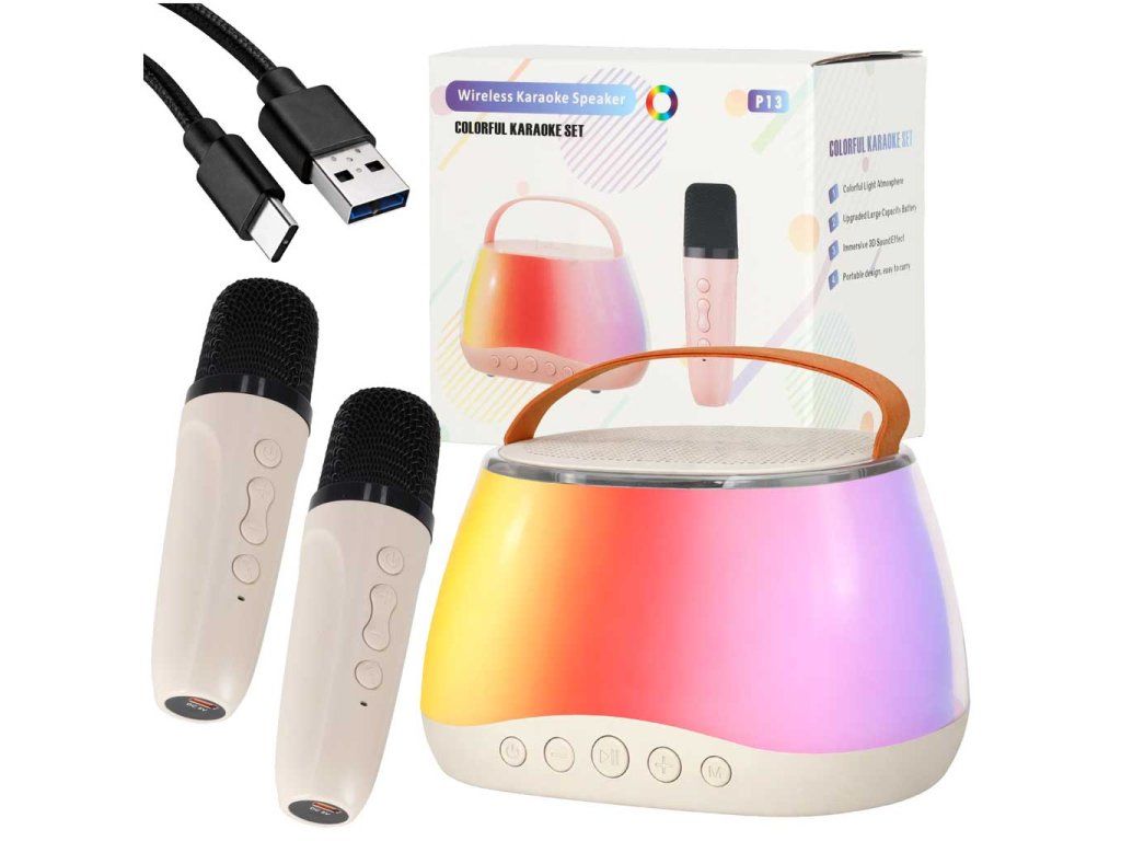 Karaoke set Bluetooth reproduktor LED RGB 2 mikrofóny USB