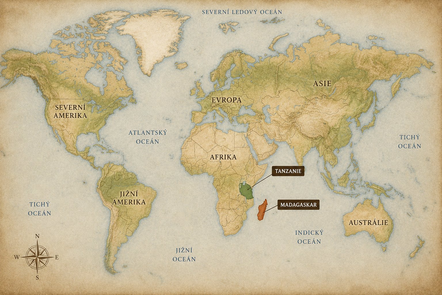 Mapa znázorňující původ kakaových bobů Fabela z Madagaskaru a Tanzanie