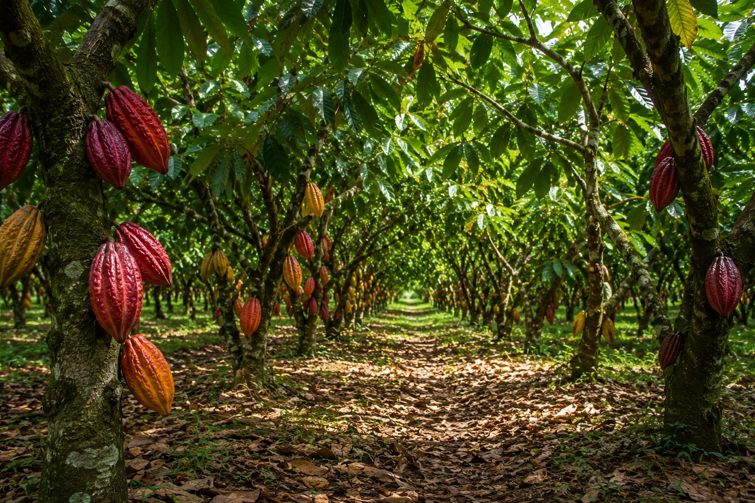 Kakaovníky na plantáži, kde začíná cesta čokolády Fabela