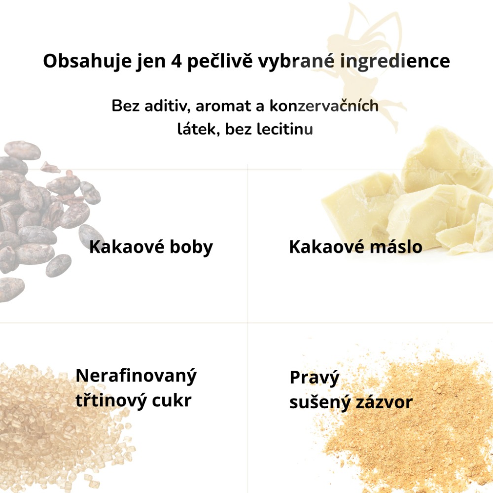 Čtyři pečlivě vybrané ingredience zázvorové Bean to Bar čokolády