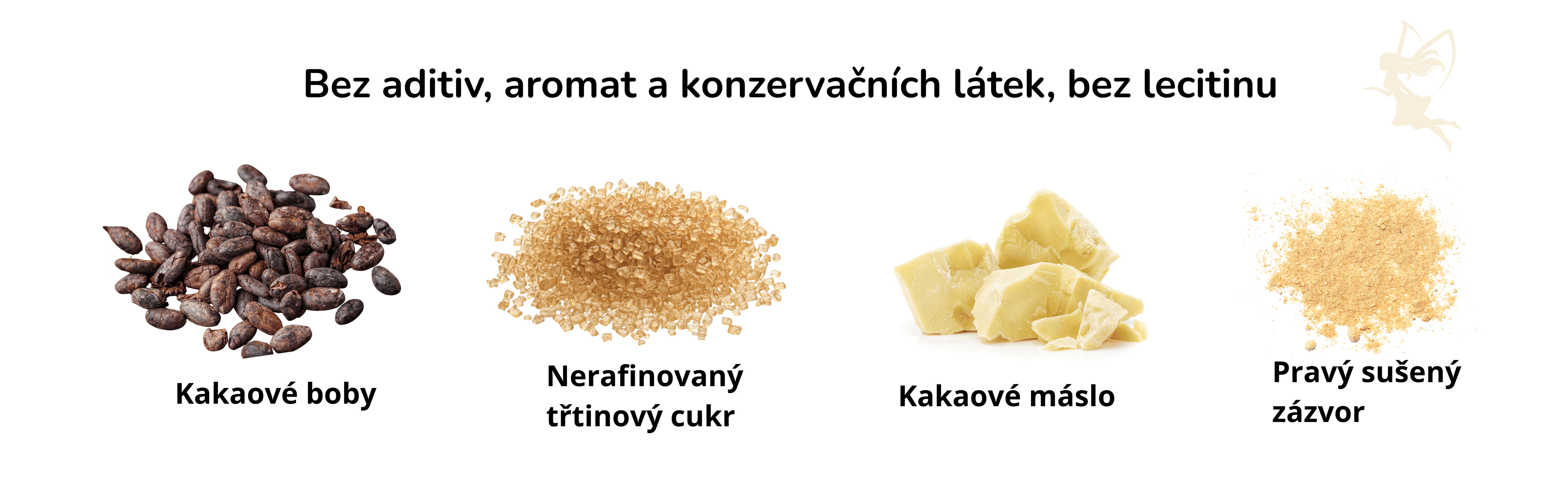 Čtyři pečlivě vybrané ingredience zázvorové Bean to Bar čokolády