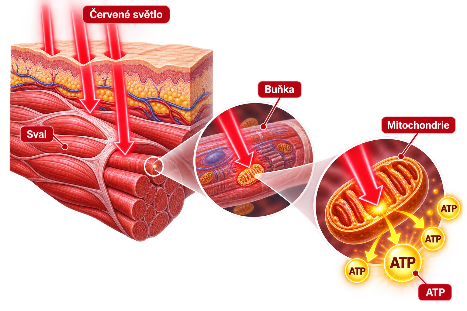 Průnik červeného světla přes pokožku do svalové buňky a jeho působení v mitochondrii při tvorbě ATP