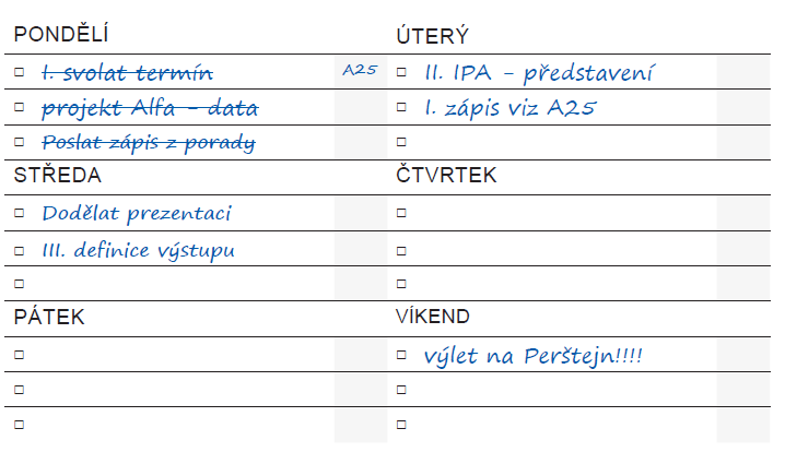 Rozpad týdne v mPlanneru Focus