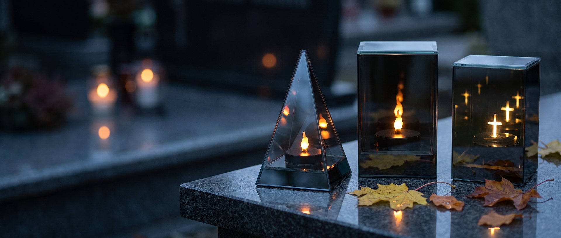 Zrkadlové LED lampáše Aeterna – pyramída, kocka s plameňom a kocka s krížikmi na žulovom hrobe