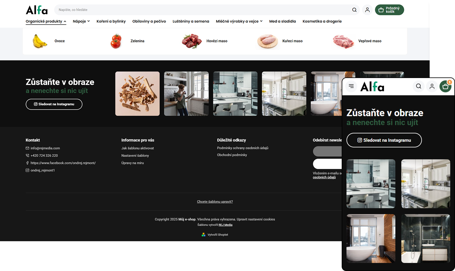Ukázka patičky s Instagramem a sticky navigace
