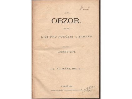 Obzor - list pro poučení a zábavu, ročník XV, Vladimír Šťastný (red.), 1892