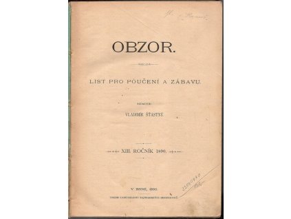 Obzor - list pro poučení a zábavu, ročník XIII, Vladimír Šťastný (red.), 1890