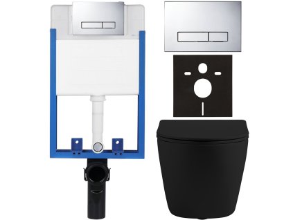 CERANO - Kompletní podomítkový WC set Lite/Cesso - černá matná - WC tlačítko Slim, chrom - k zazdění - 49x36 cm