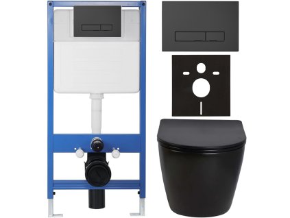 CERANO - Kompletní podomítkový WC set Lite/Verde - černá lesklá - WC tlačítko Slim, černé matné - předstěnová instalace/sádrokarton - 49x36 cm