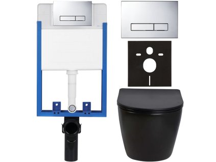 CERANO - Kompletní podomítkový WC set Lite/Verde - černá lesklá - WC tlačítko Slim, chrom - k zazdění - 49x36 cm
