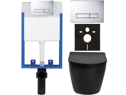 CERANO - Kompletní podomítkový WC set Lite/Verde - černá matná - WC tlačítko Slim, chrom - k zazdění - 49x36 cm