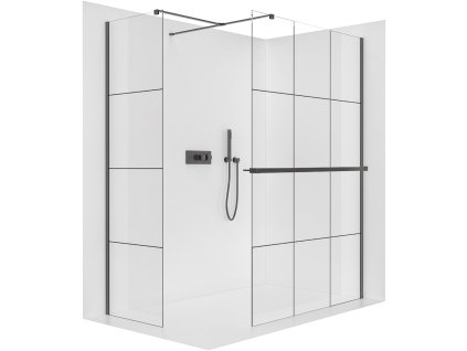 CERANO - Sprchová zástěna Walk-in Onyx T L/P - 8 mm - hranatá vzpěra + polička/držák na ručníky - černá matná, industriální sklo- 150x90x200 cm